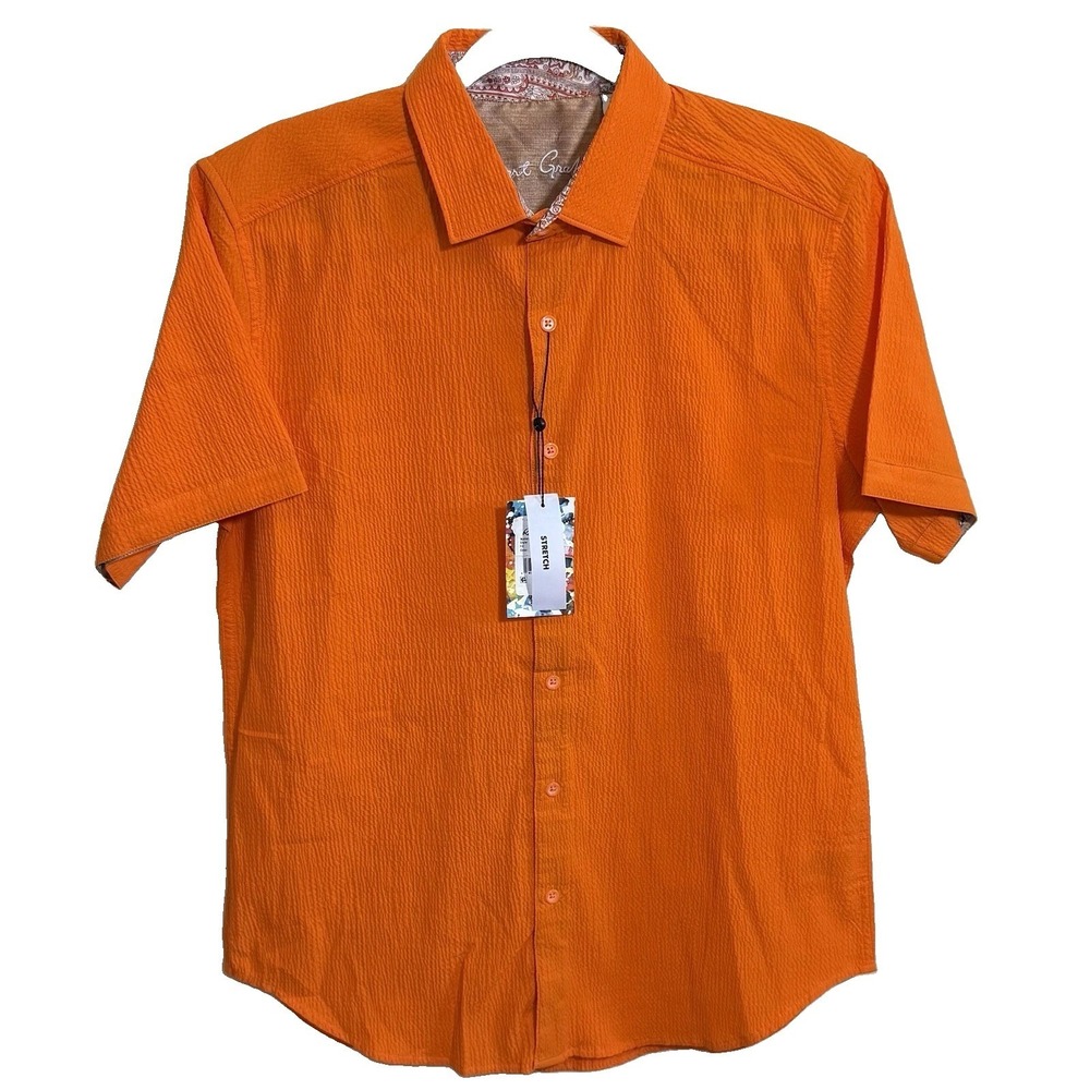 Robert Graham Seersucker Button-Up Men Small Piers Orange SS Stretch Cotton‎ MWT
